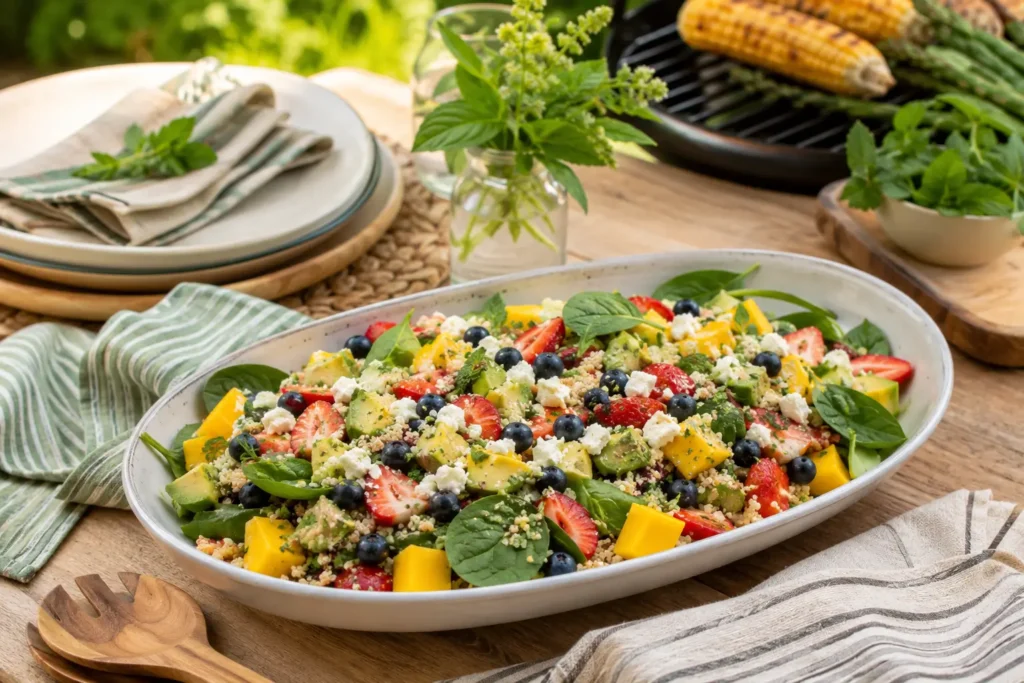 Bunter Sommersalat mit Früchten, Quinoa, Feta und Avocado als Grillbeilage auf einem Sommertisch