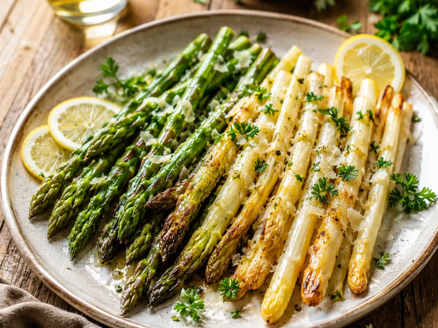 Spargel aus dem Backofen mit Zitrone, Kräutern und Parmesan