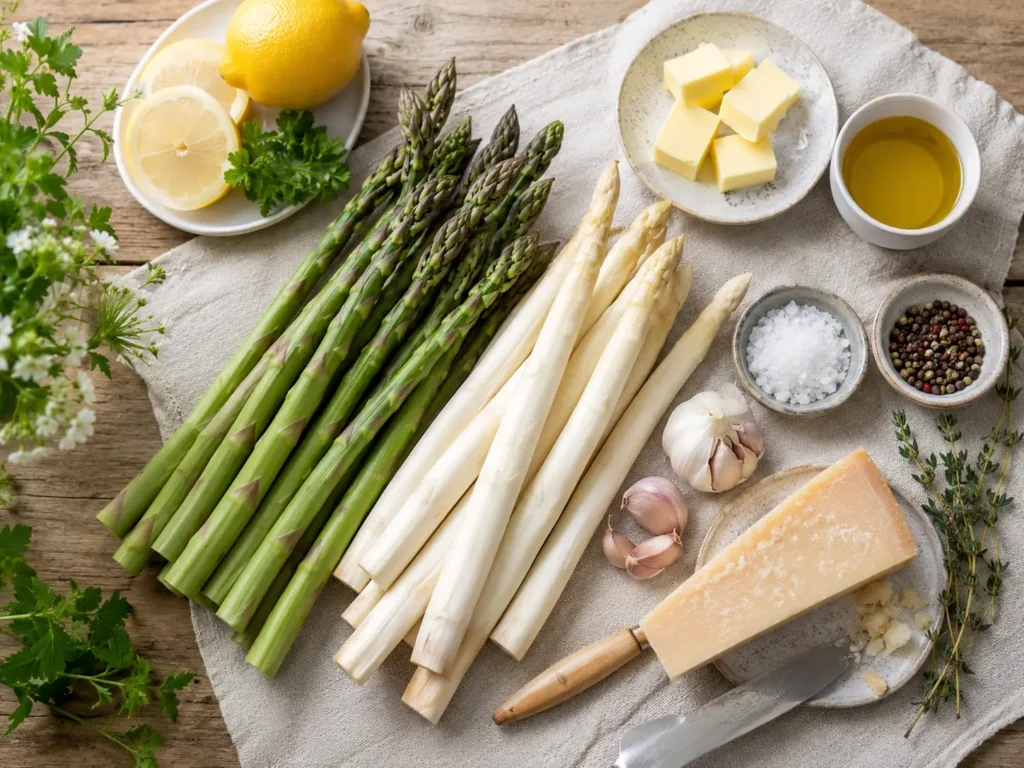 Zutaten für Spargel aus dem Backofen mit Butter, Zitrone und Gewürzen