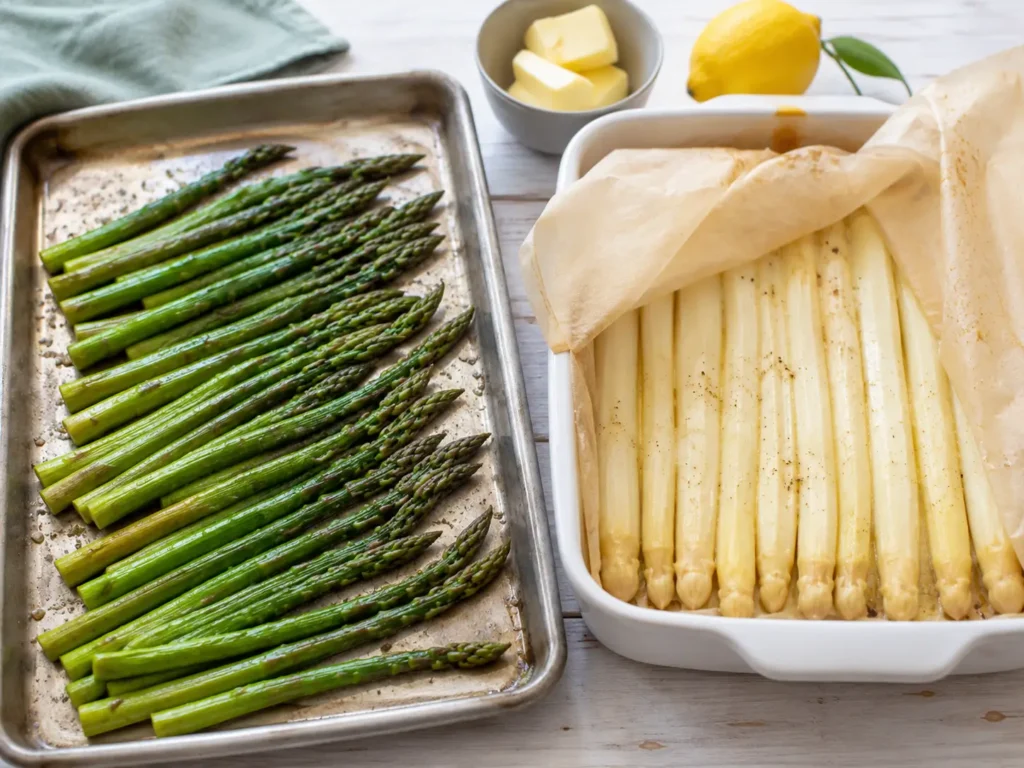 Grüner und weißer Spargel im Backofen mit unterschiedlicher Garzeit