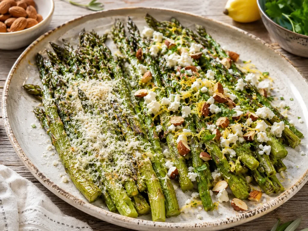 Spargel im Backofen mit Parmesan, Feta, Zitrone und Kräutern