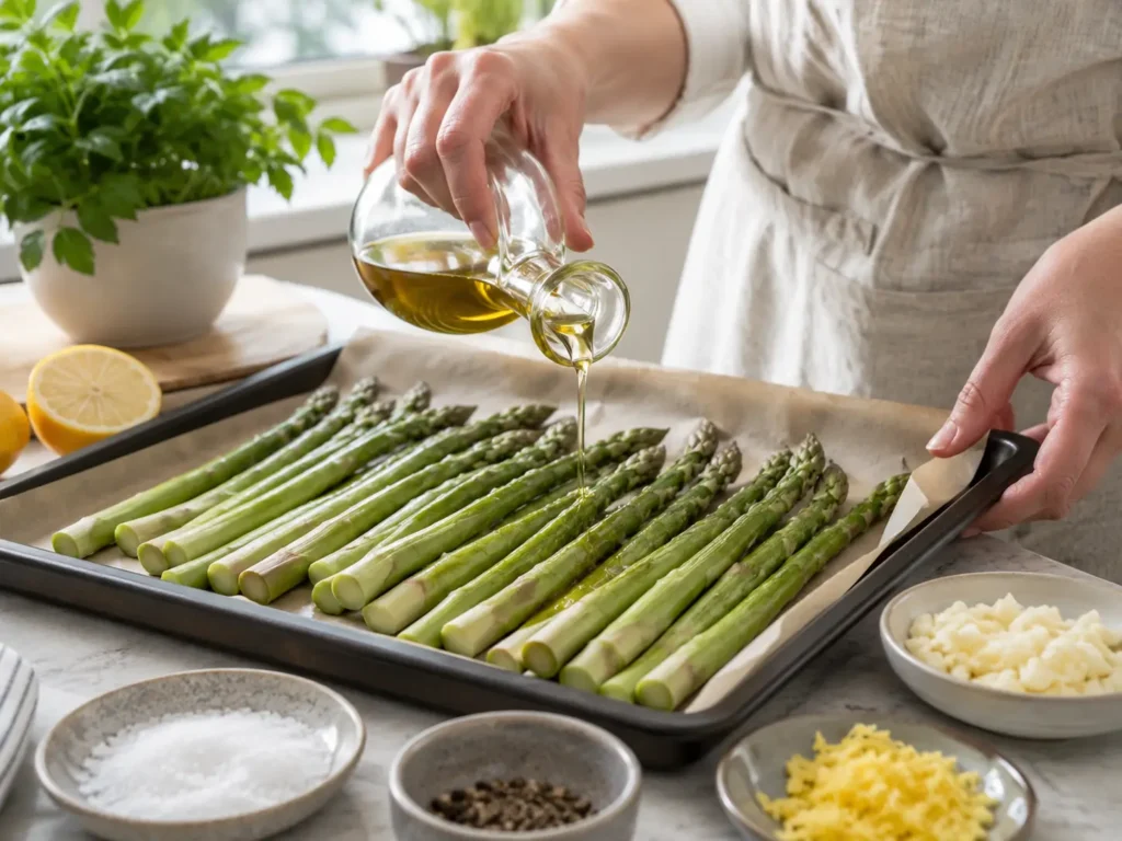Spargel im Backofen vorbereiten auf einem Blech mit Öl und Gewürzen