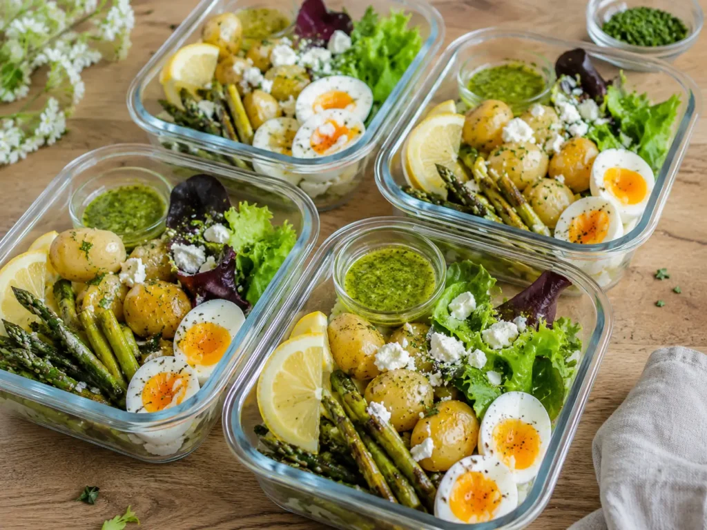 Spargel Meal Prep mit Ofenspargel, Kartoffeln, Ei und Salat