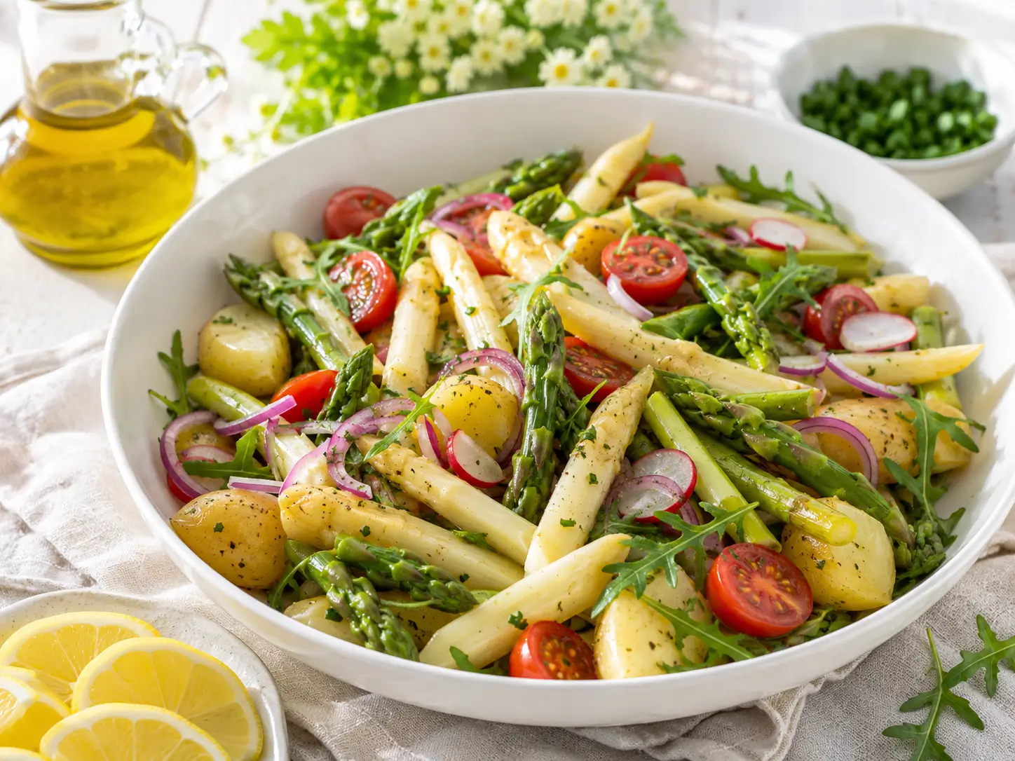Spargel Salat mit grünem und weißem Spargel, Kartoffeln und Tomaten