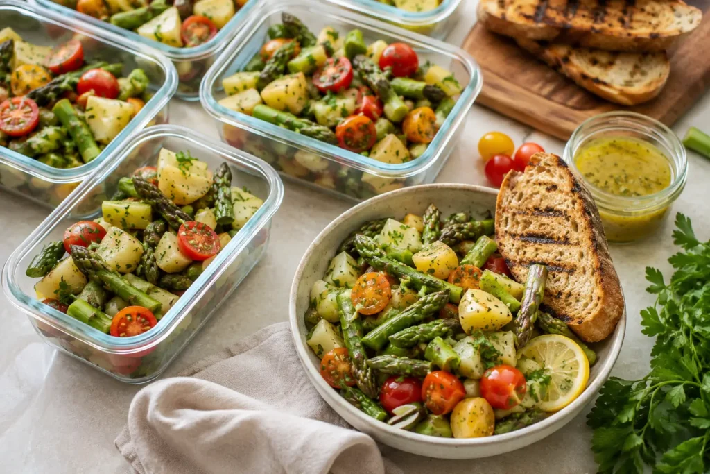 Spargel Salat als Meal Prep in Glasboxen mit Dressing und frischen Kräutern