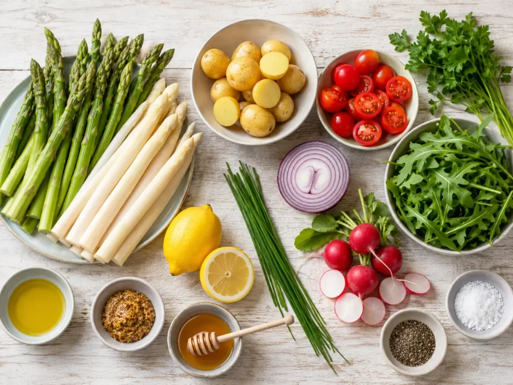 Zutaten für Spargel Salat mit Kartoffeln, Tomaten, Kräutern und Zitronen Dressing