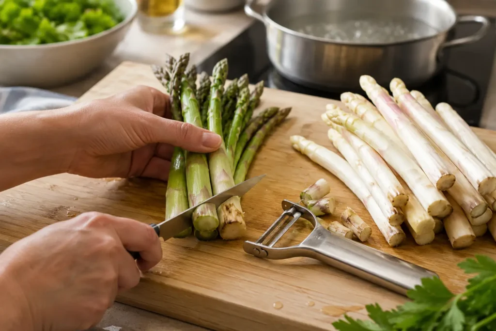 Spargel vorbereiten für Spargel Salat mit Schäler und Schneidebrett