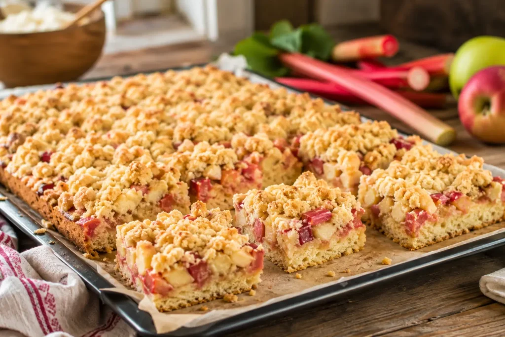 Streuselkuchen vom Blech mit Rhabarber Apfel und knusprigen Streuseln