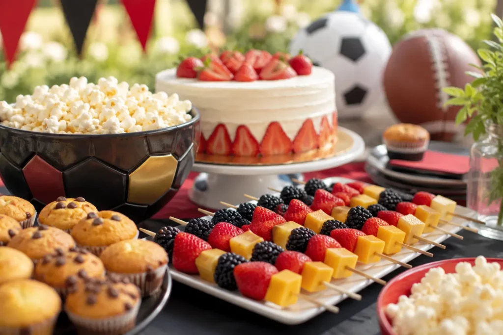 Süße Fußball Snacks mit Obstspießen, Popcorn und Erdbeerkuchen im Deutschland-Look