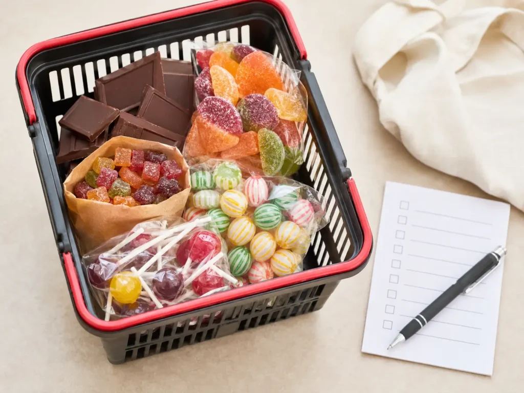 Einkaufskorb mit Süßigkeiten ohne Gelatine und einer Checkliste