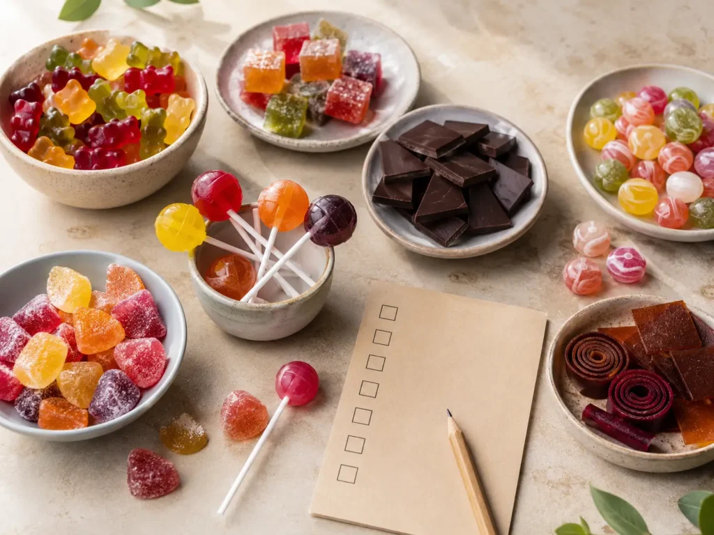 Süßigkeiten ohne Gelatine wie vegane Fruchtgummis, Bonbons, Lutscher und Schokolade auf hellem Tisch
