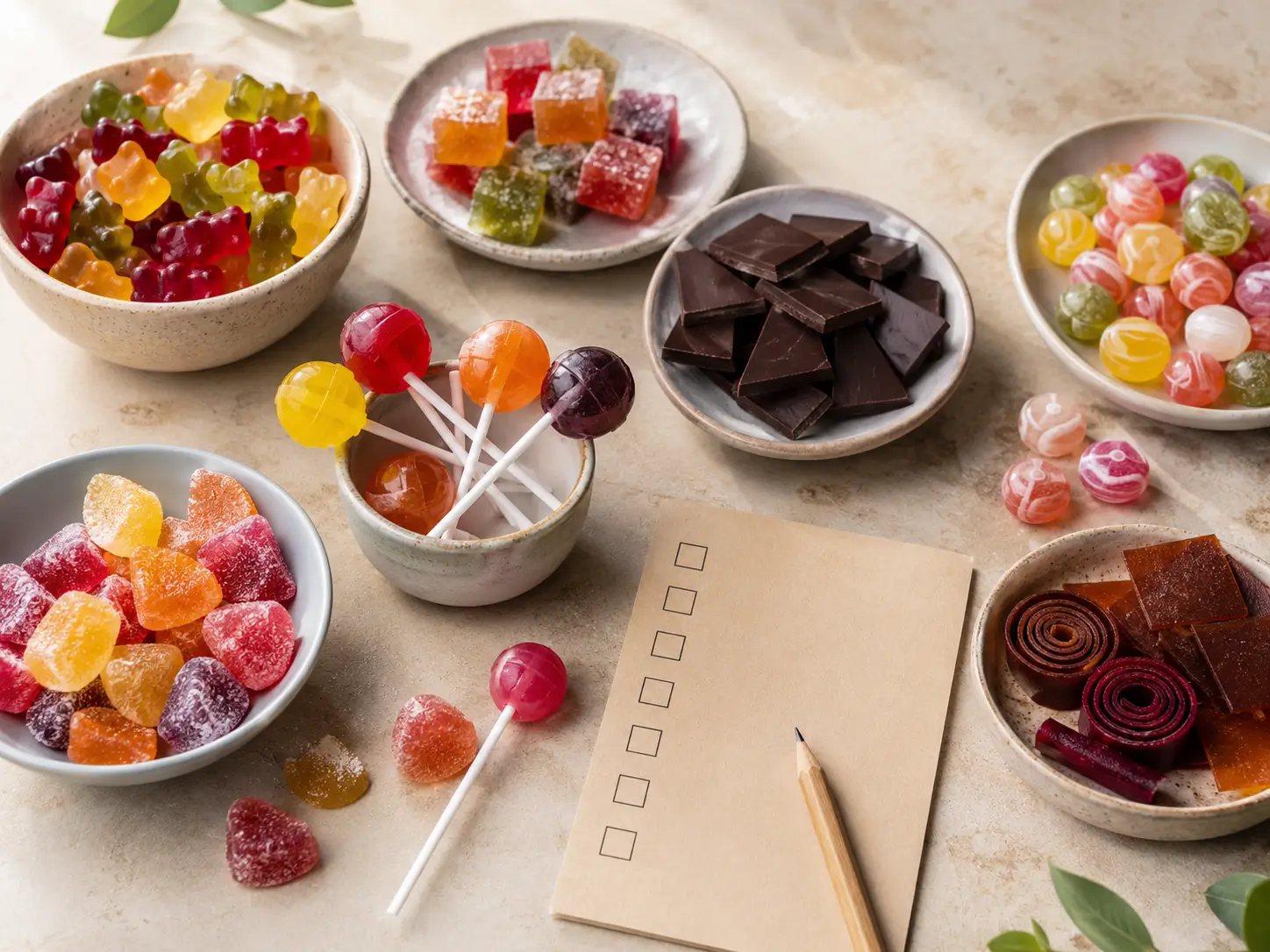Süßigkeiten ohne Gelatine wie vegane Fruchtgummis, Bonbons, Lutscher und Schokolade auf hellem Tisch