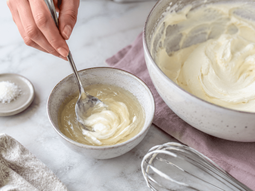 Temperaturausgleich Gelatine mit Creme einrühren damit keine Klümpchen entstehen