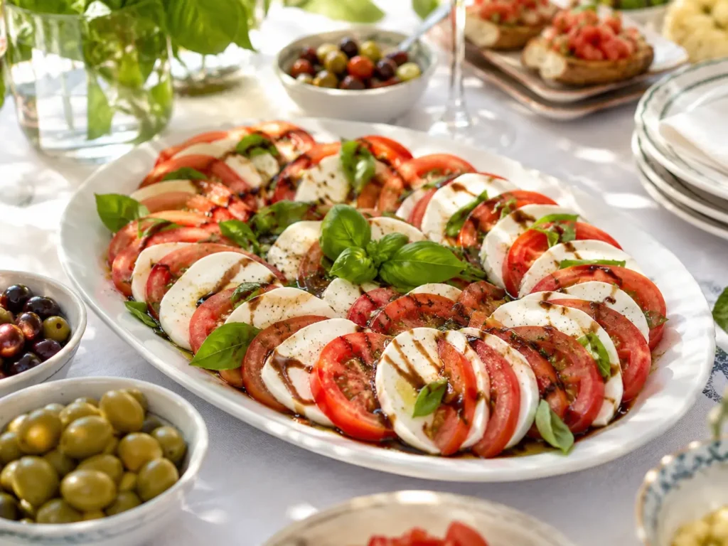 Tomaten Mozzarella Platte für Gäste mit Basilikum und Balsamico