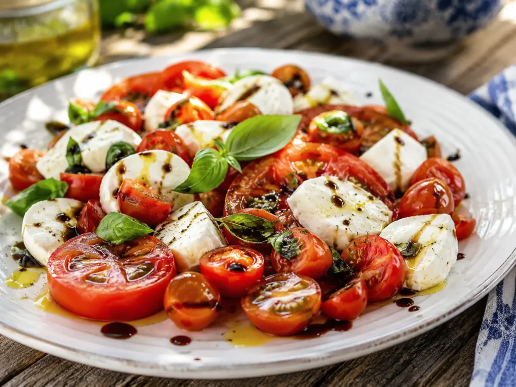 Tomaten Mozzarella Salat mit Balsamico, frischem Basilikum und Olivenöl