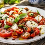 Tomaten Mozzarella Salat mit Balsamico, frischem Basilikum und Olivenöl