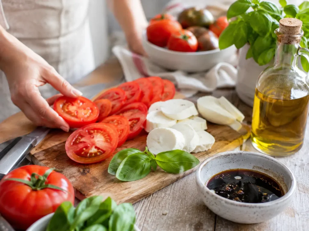 Tomaten und Mozzarella für italienischen Tomaten Mozzarella Salat vorbereiten