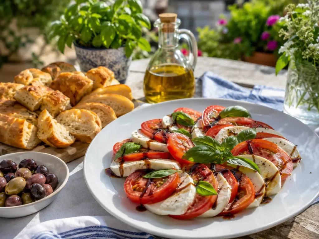 Tomaten Mozzarella Salat zum Grillen mit Baguette und Balsamico Dressing
