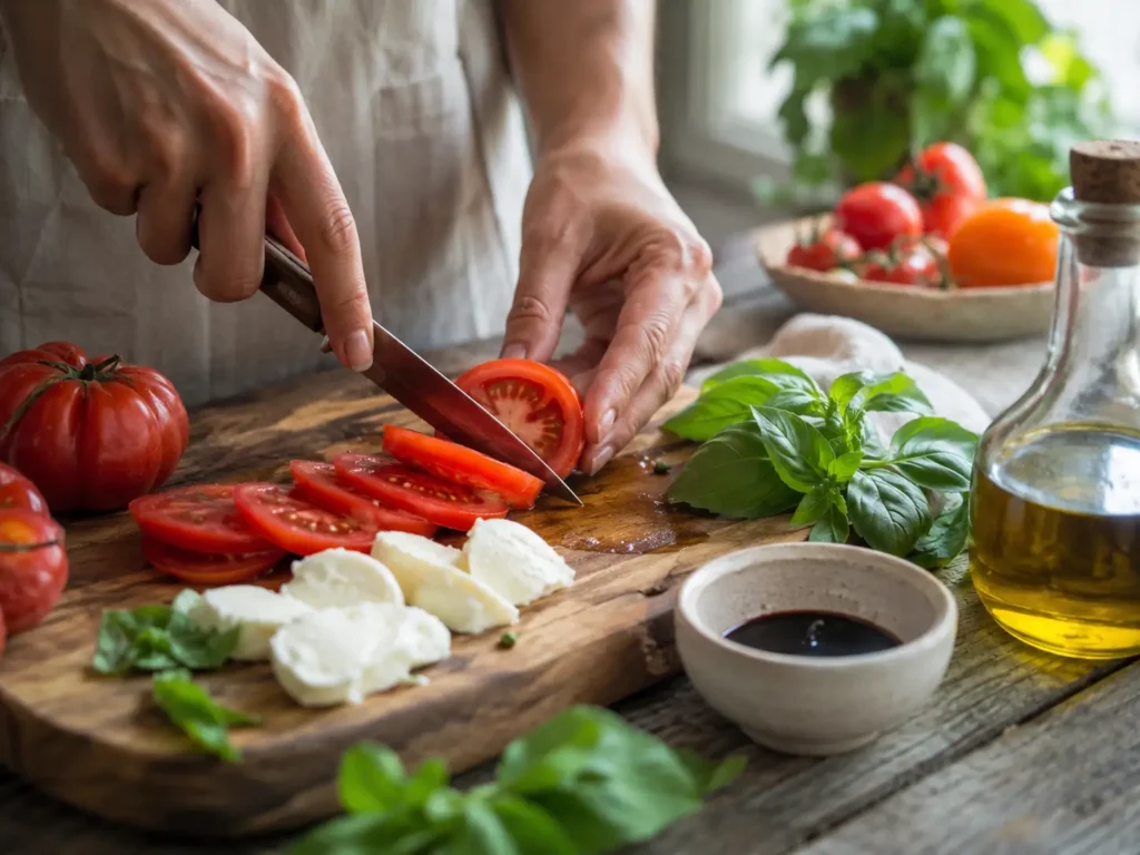 Tomaten schneiden und Mozzarella zupfen für Tomaten Mozzarella Salat