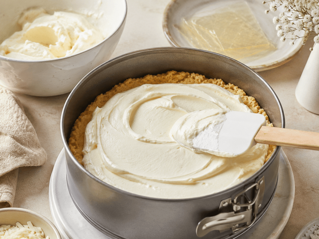 Tortencreme mit Gelatine Masse stabilisieren in einer Springform mit Biskuitboden