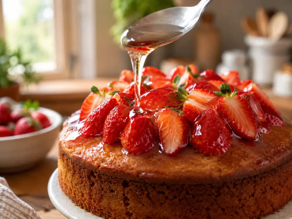 Tortenguss ohne Gelatine mit einem Löffel auf Erdbeeren auftragen