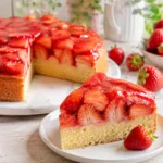 Tortenguss ohne Gelatine auf frischem Erdbeerkuchen mit glänzenden Erdbeeren