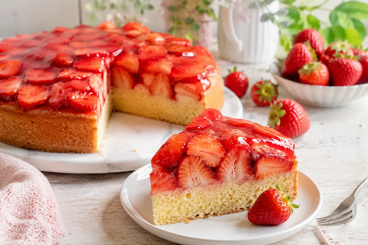 Tortenguss ohne Gelatine auf frischem Erdbeerkuchen mit glänzenden Erdbeeren