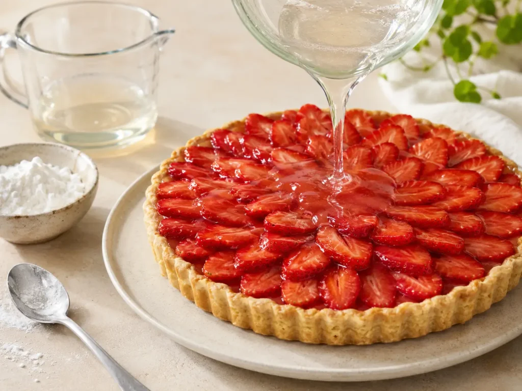 Tortenguss ohne Gelatine mit Stärke auf einem veganen Erdbeerkuchen