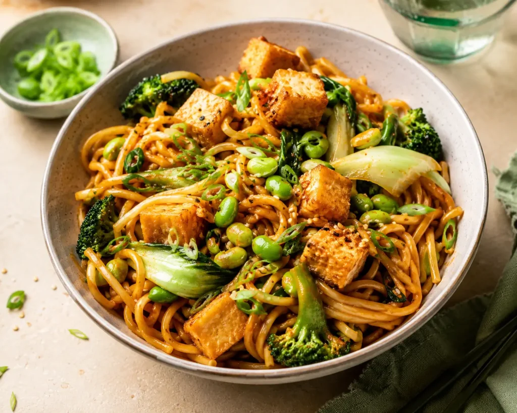 Vegane Chili Knoblauch Nudeln mit Tofu, Brokkoli, Pak Choi, Edamame und Sesam in einer Schale