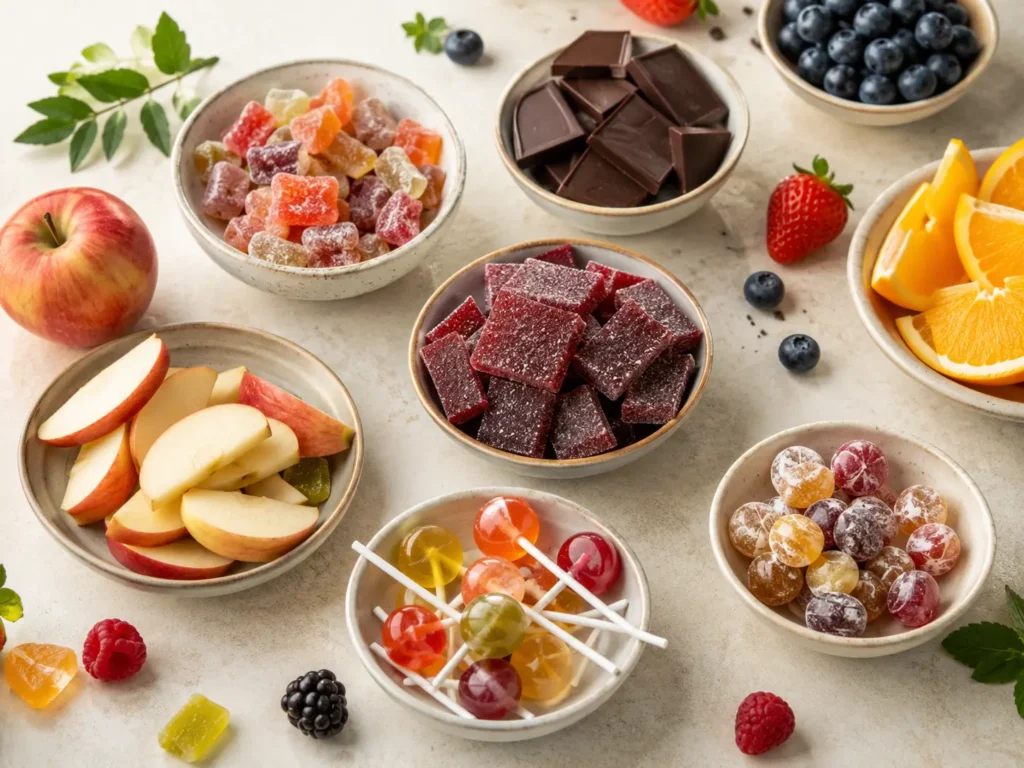 Vegane Fruchtgummis und gelatinefreie Süßigkeiten in kleinen Schalen