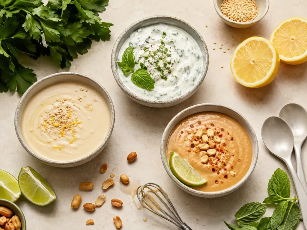 Drei Saucen für vegetarische Bowls mit Tahini-Zitrone, Joghurt-Kräuter und Erdnuss-Limette