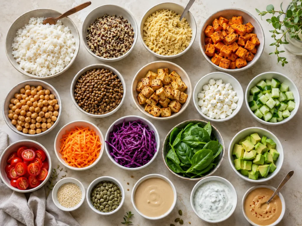 Zutaten für vegetarische Bowls mit Reis, Quinoa, Gemüse, Kichererbsen, Tofu, Feta und Saucen