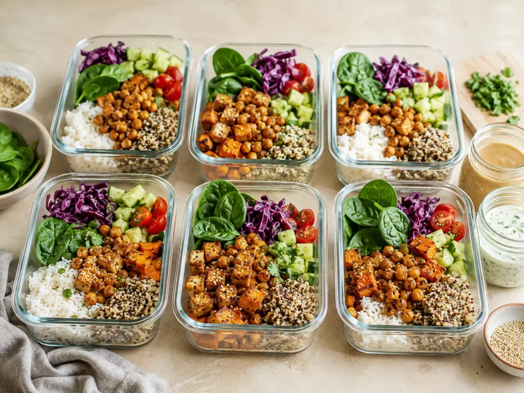 Vegetarische Bowls Meal Prep mit Reis, Ofengemüse, Kichererbsen, Tofu und Saucen in Glasbehältern