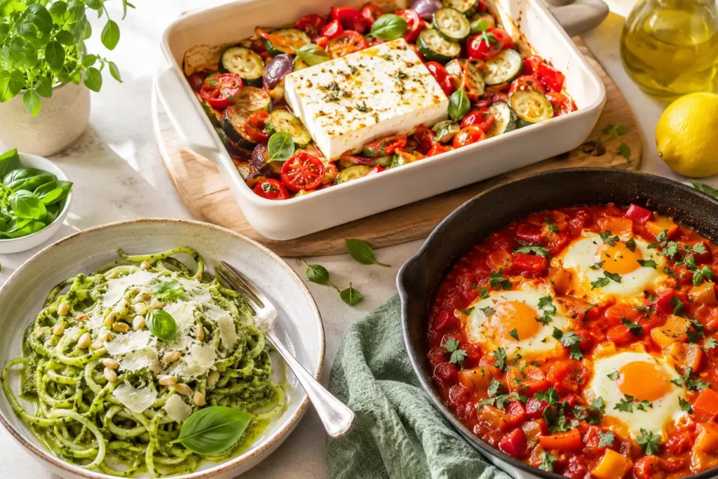 Vegetarische Low Carb Gerichte mit Zoodles, Feta Gemüse aus dem Ofen, Shakshuka, Ei und frischen Kräutern