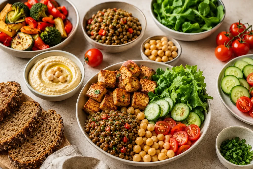 Vegetarisches und veganes gesundes Abendessen mit Tofu, Linsen, Kichererbsen, Hummus, Gemüse und Vollkornbrot