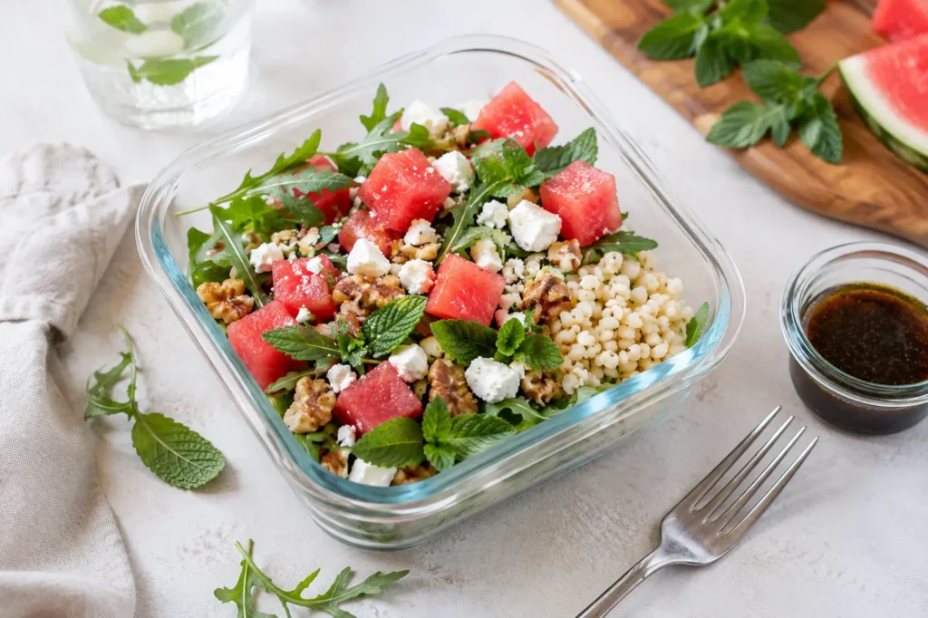 Wassermelone Feta Rucola Bowl mit Minze und Walnüssen als Meal Prep Salat