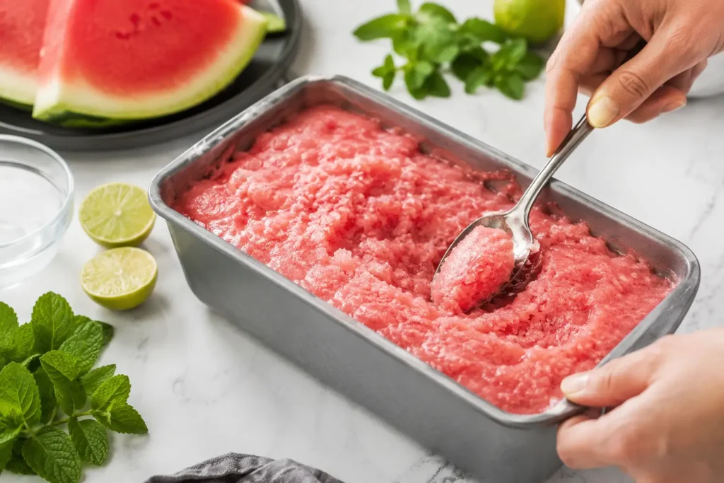 Wassermelonen Eis im Gefrierfach cremig machen ohne Eismaschine