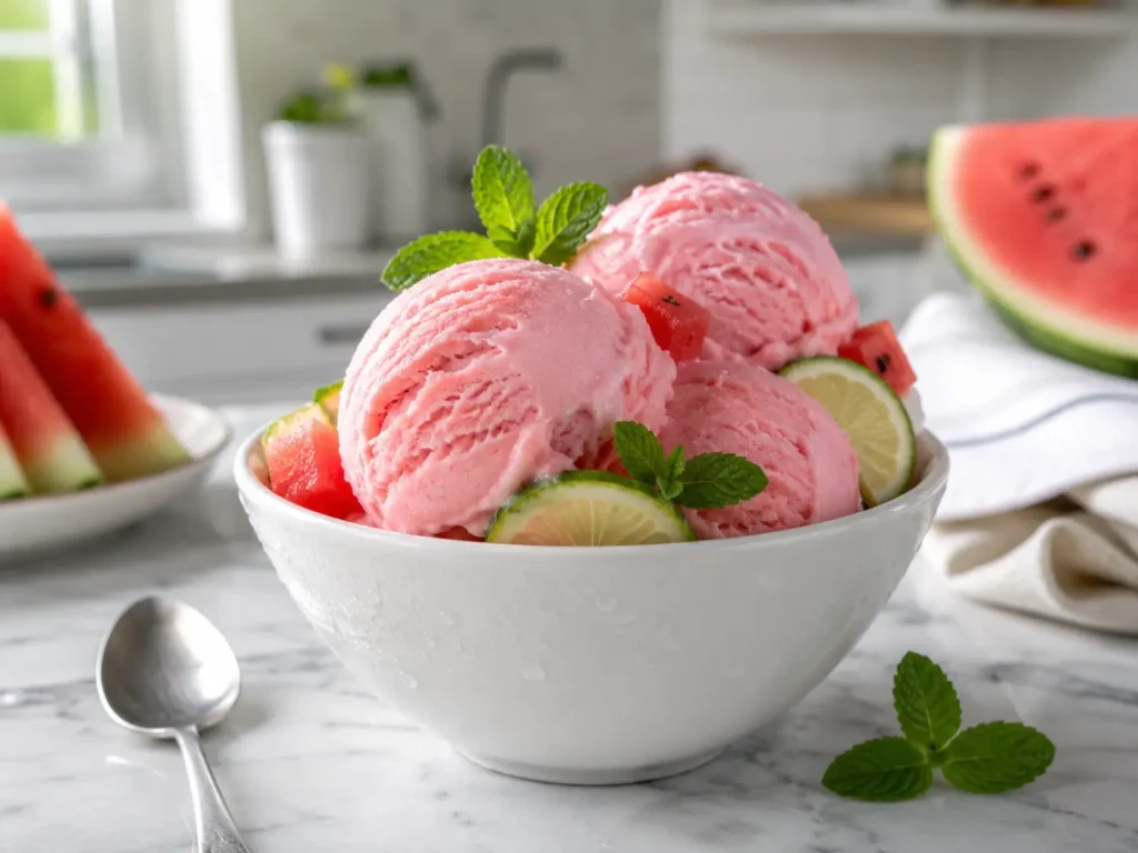 Wassermelonen Eis ohne Eismaschine mit Buttermilch, Zitrone und frischer Minze