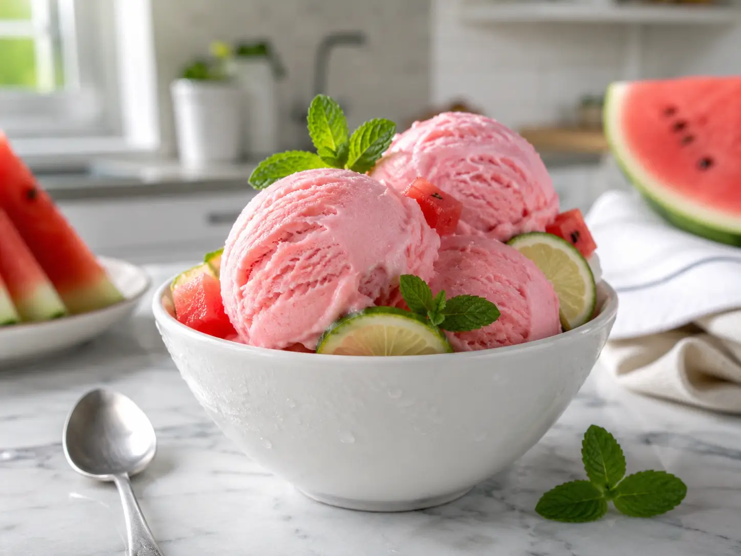 Wassermelonen Eis ohne Eismaschine mit Buttermilch, Zitrone und frischer Minze