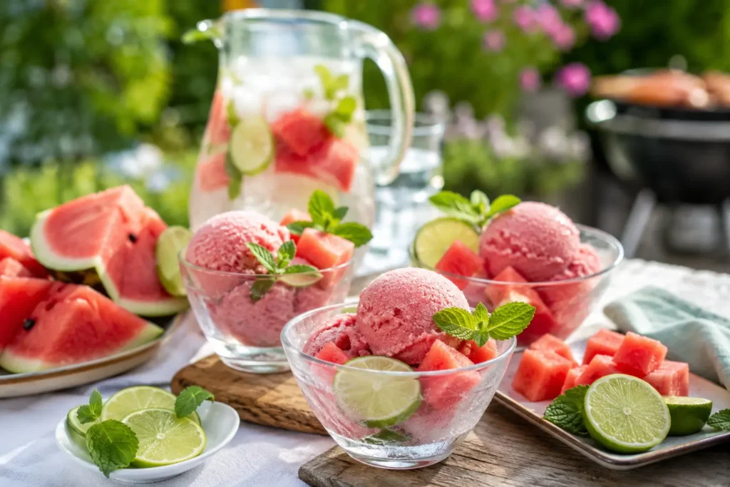 Wassermelonen Eis als Sommerdessert für Grillabend mit Minze und Limette