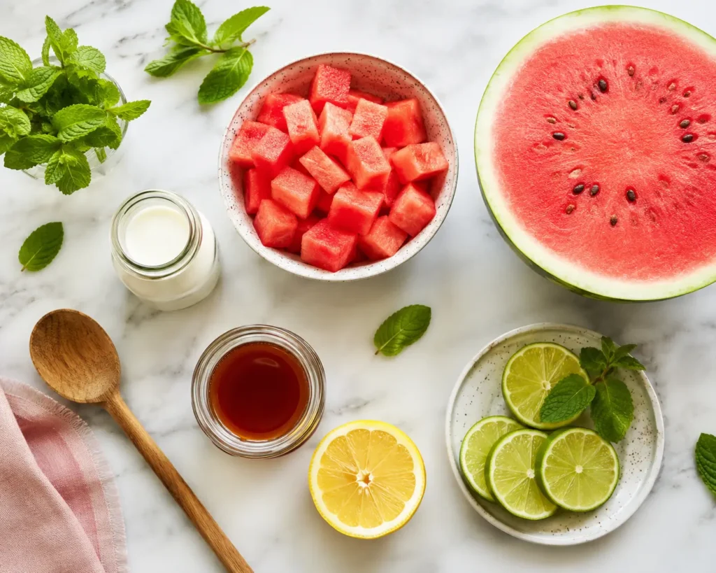 Zutaten für Wassermelonen Eis mit Wassermelone, Buttermilch, Ahornsirup und Zitrone