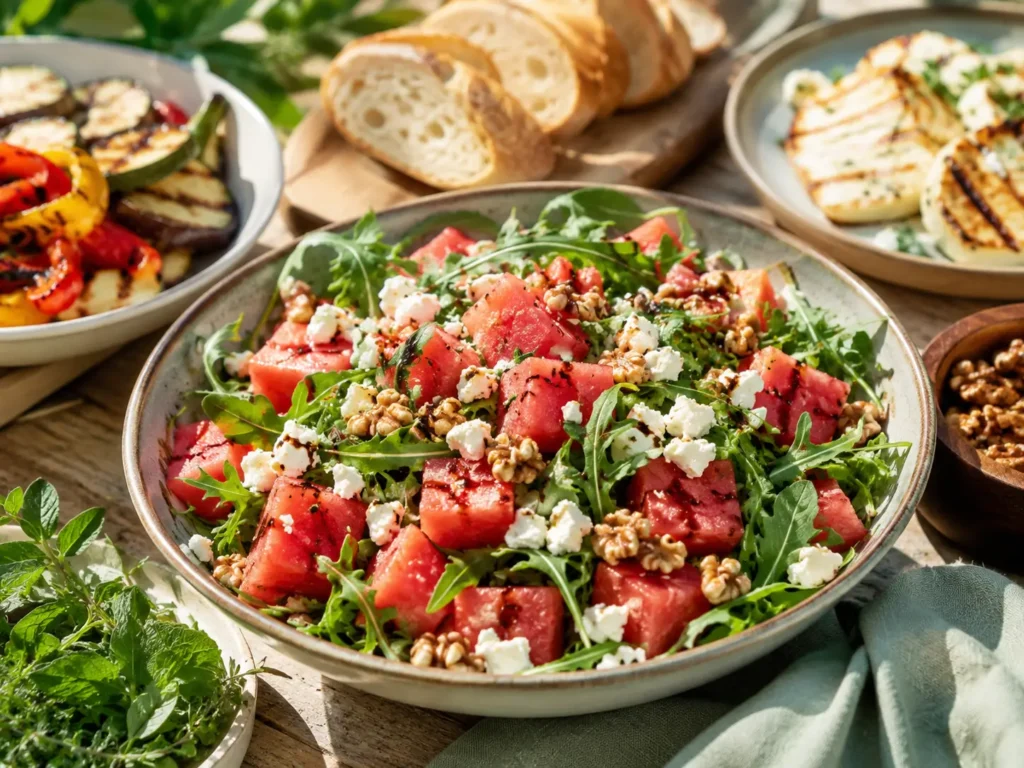 Wassermelonen Feta Salat mit Rucola als Beilage zum Grillen