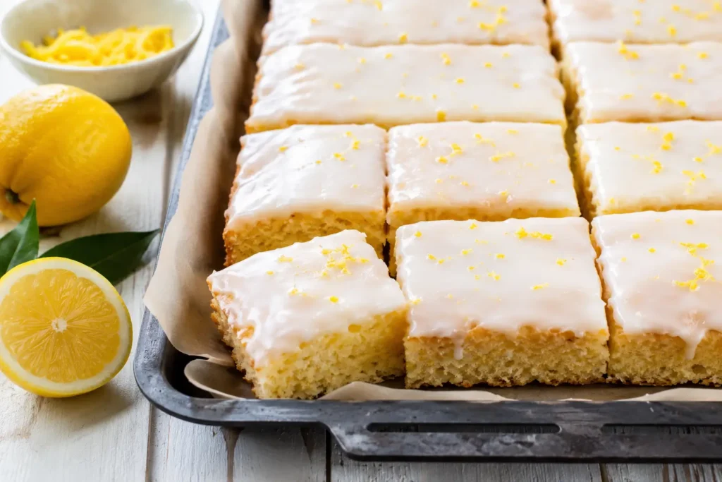 Saftiger Zitronenkuchen vom Blech mit hellem Zuckerguss und frischen Zitronen