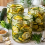 Zucchini einlegen mit süß-sauren Zucchini im Glas, Dill, Senfkörnern, Knoblauch und Essigsud