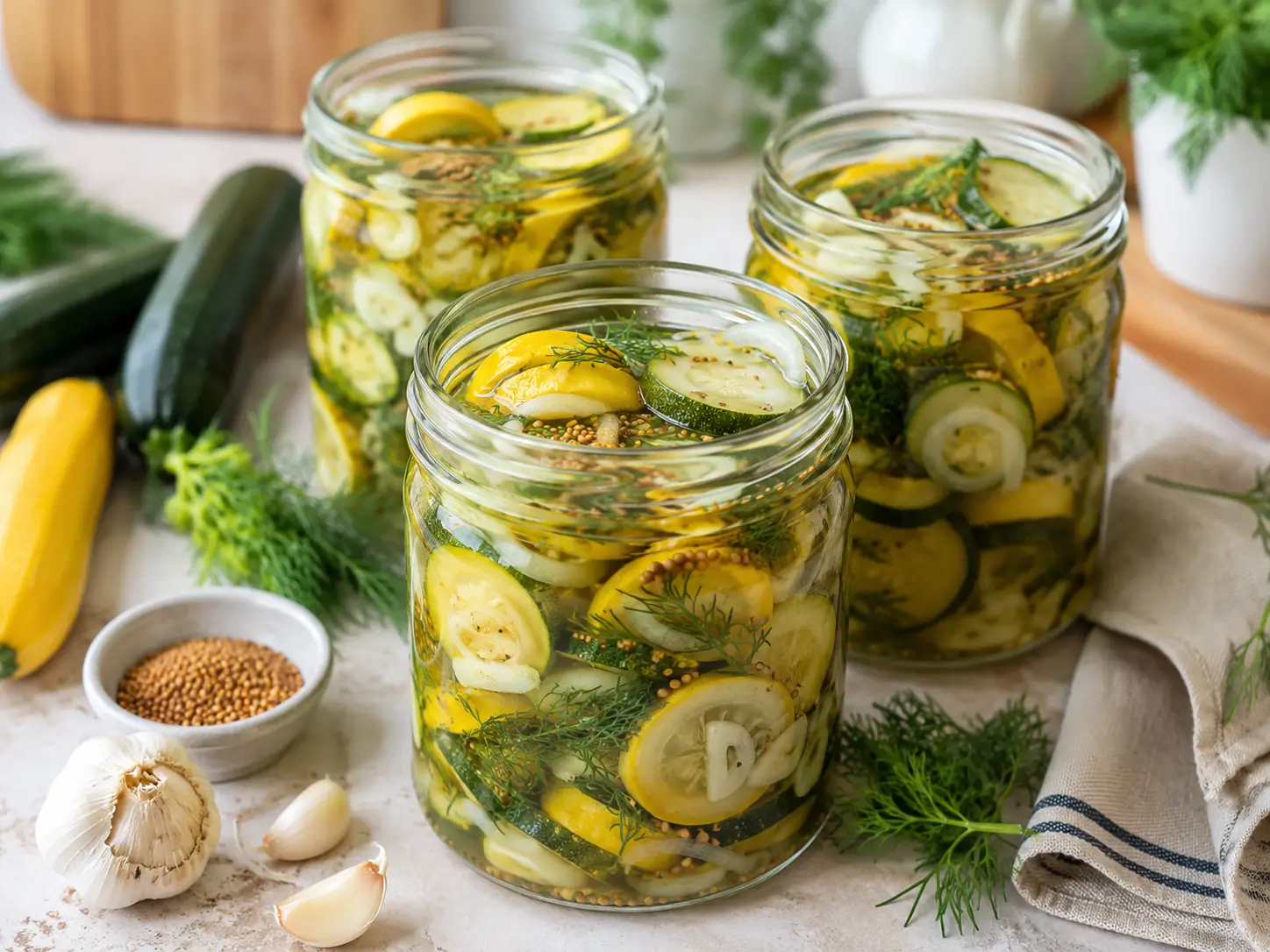 Zucchini einlegen mit süß-sauren Zucchini im Glas, Dill, Senfkörnern, Knoblauch und Essigsud