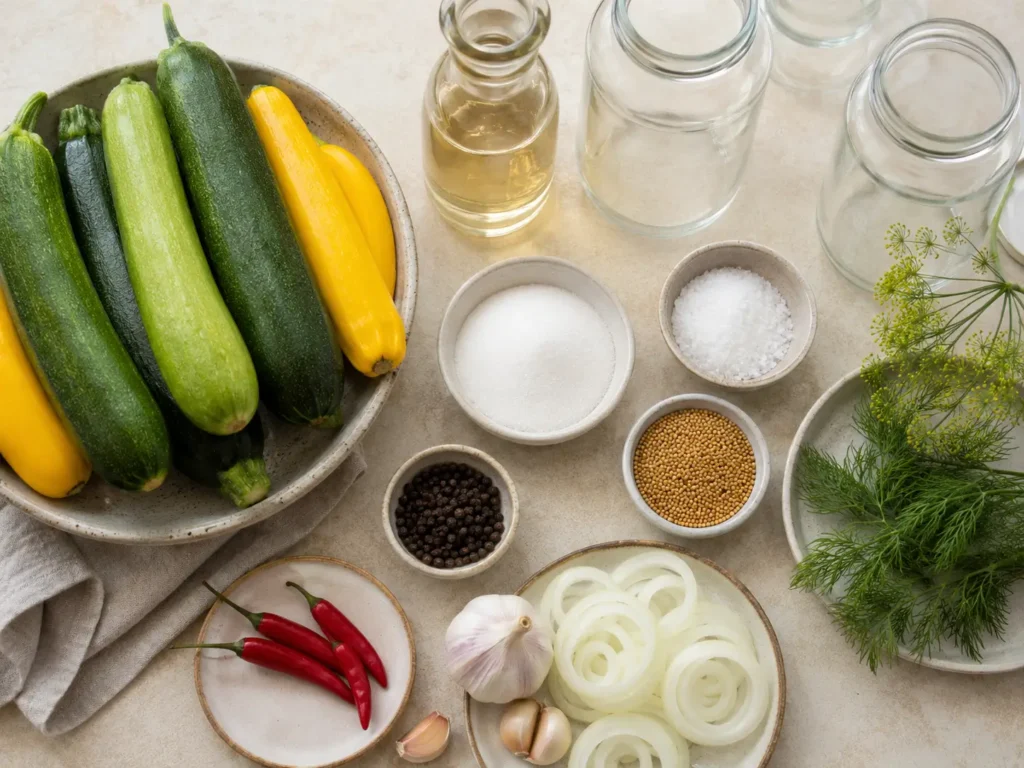 Zutaten zum Zucchini einlegen mit Zucchini, Essig, Zucker, Salz, Dill, Senfkörnern, Knoblauch und Zwiebeln