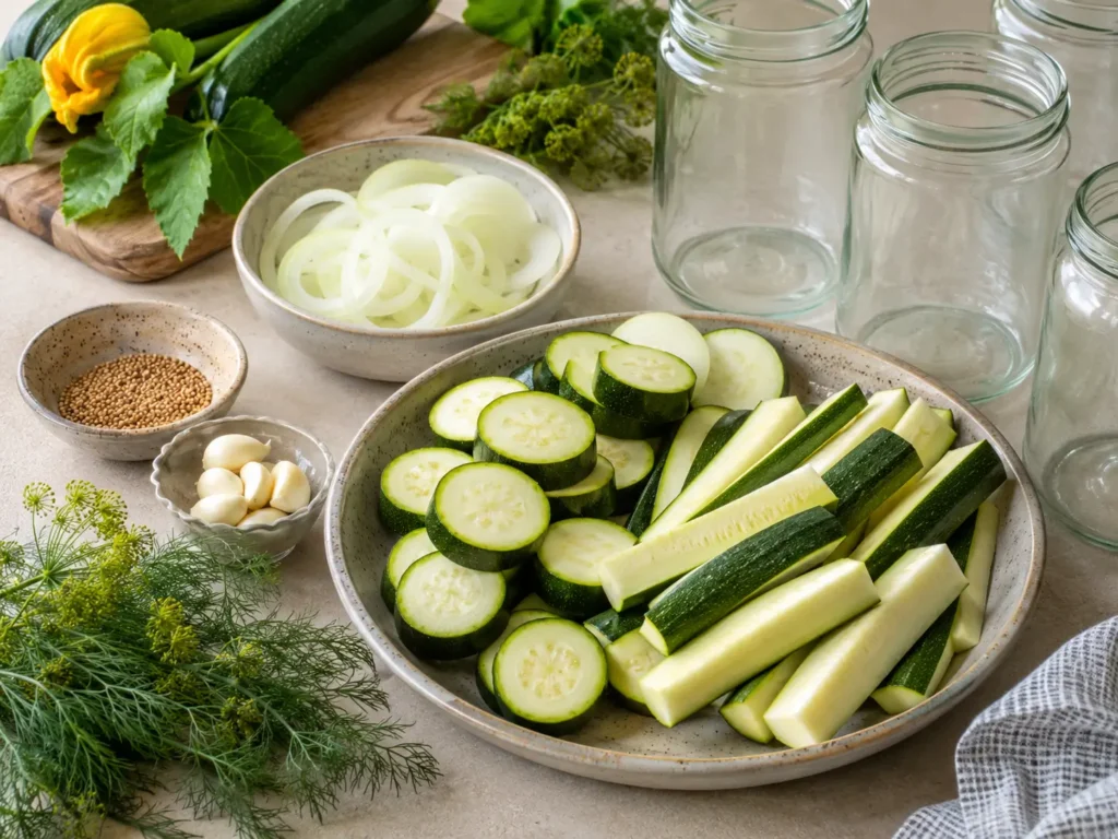 Zucchini im Glas vorbereiten mit geschnittenen Zucchini, Zwiebeln, Dill, Knoblauch und sterilisierten Einmachgläsern