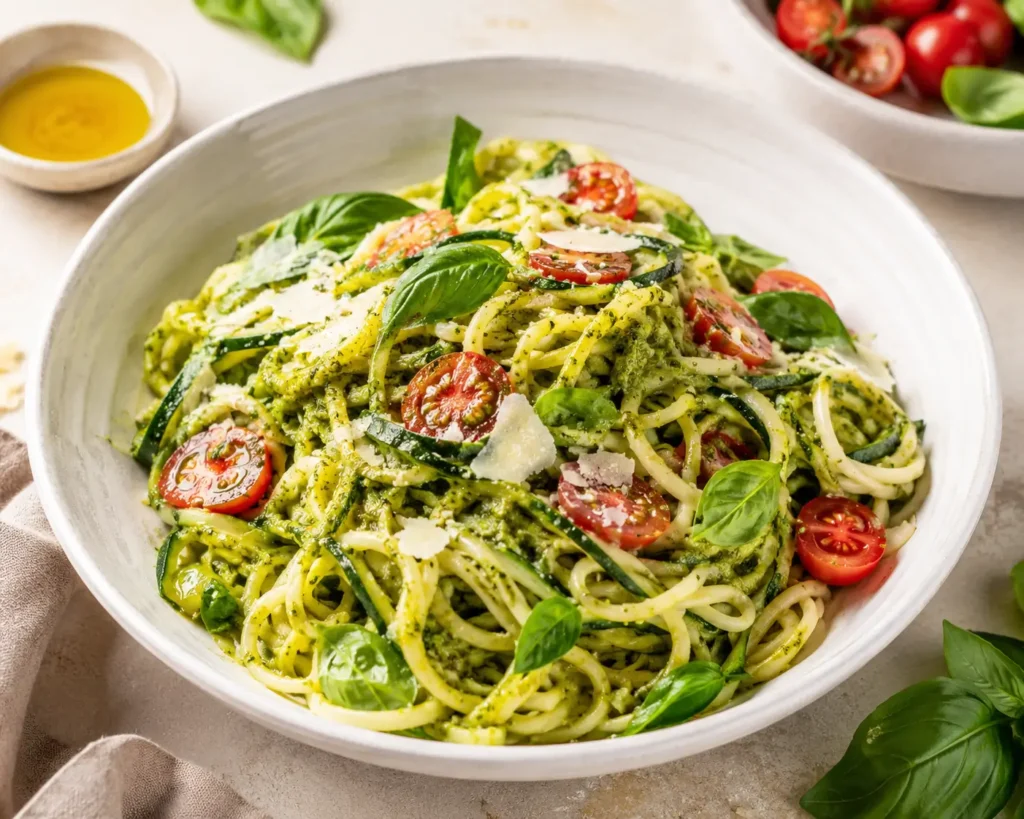 Zucchini Pasta und Zoodles mit Pesto Tomaten Parmesan und Basilikum als schnelles Sommergericht