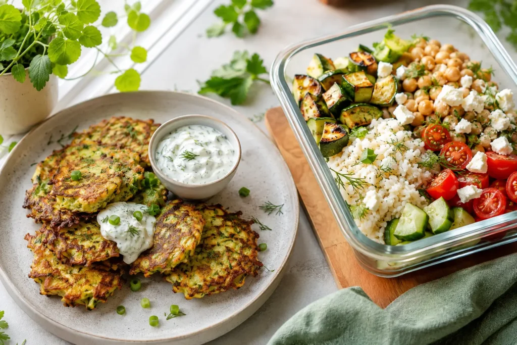 Zucchini Puffer mit Joghurt-Dip und Zucchini Meal Prep Bowl mit Feta Kichererbsen Tomaten und Reis