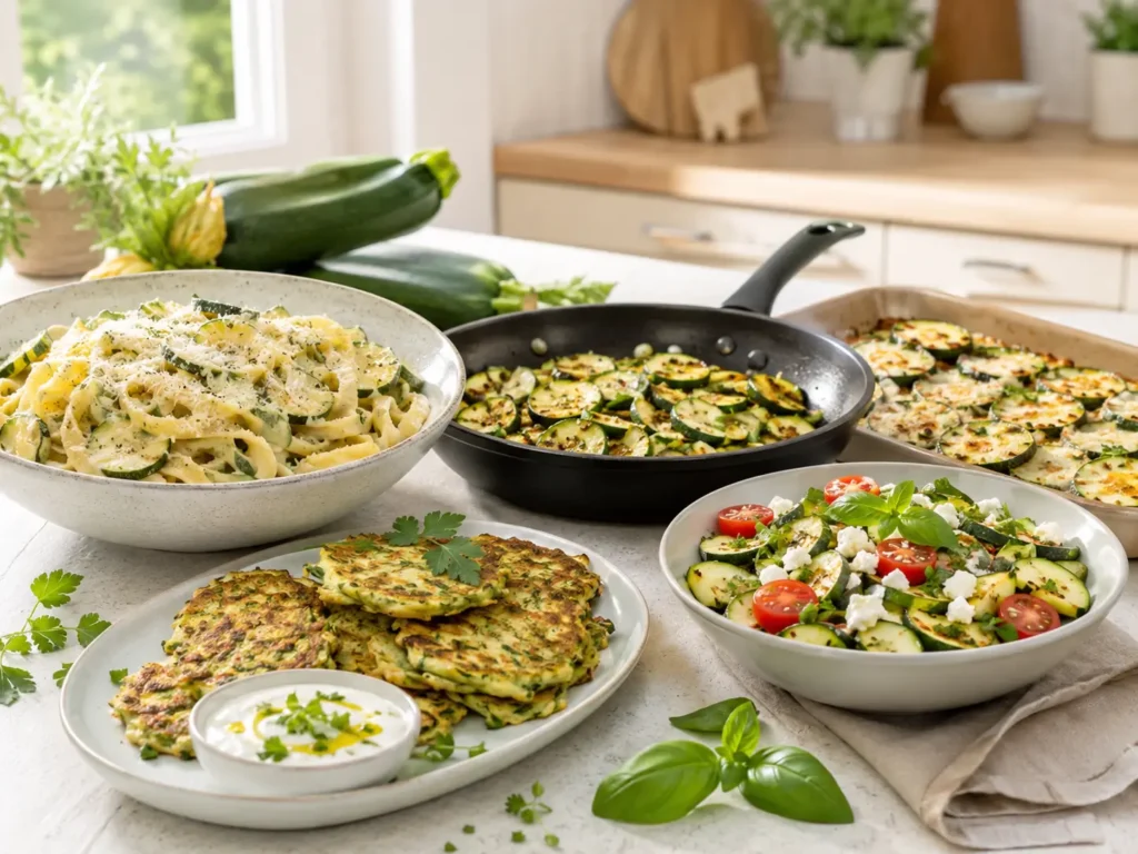 Zucchini Rezepte schnell und einfach mit Zucchini Pasta, Zucchini Pfanne, Ofen-Zucchini, Zucchini Puffer und Bowl auf hellem Küchentisch